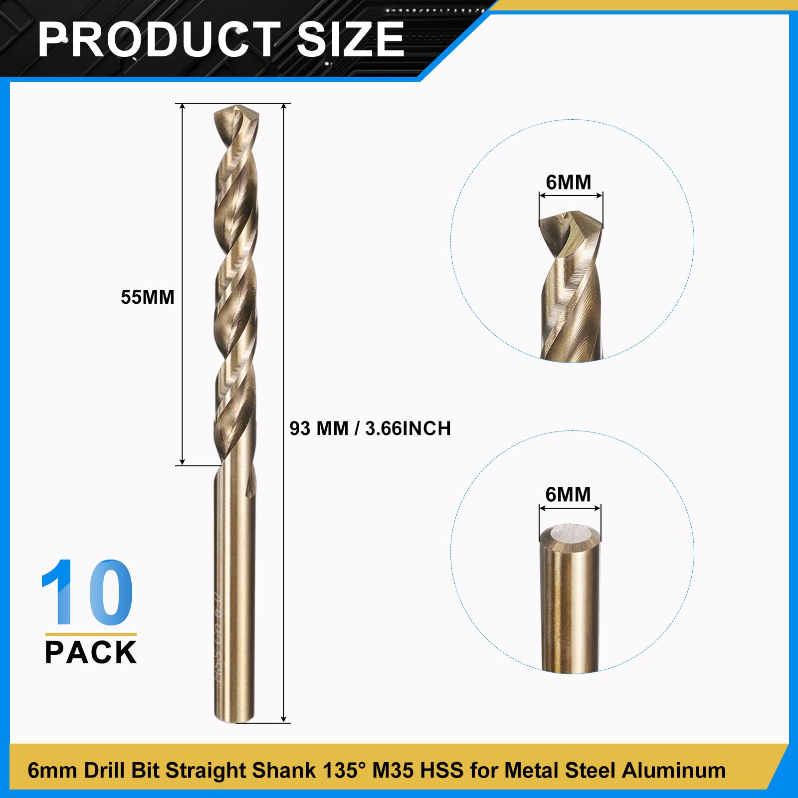 PATIKIL 6mm Drill Bit, M35 Cobalt 5% High-Speed Steel Jobber Straight Shank 135° Gold Finish for Stainless Steel Hard Metal - 10 Pack - Image 2