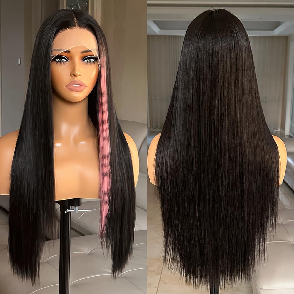 Pink Print Wig Lace Front Wigs Glueless Wig Leopard Print Straight Wigs for Women Pre Plucked with Baby Hair 26 Inch Pink Color Forehead Synthetic Lace Front Wig