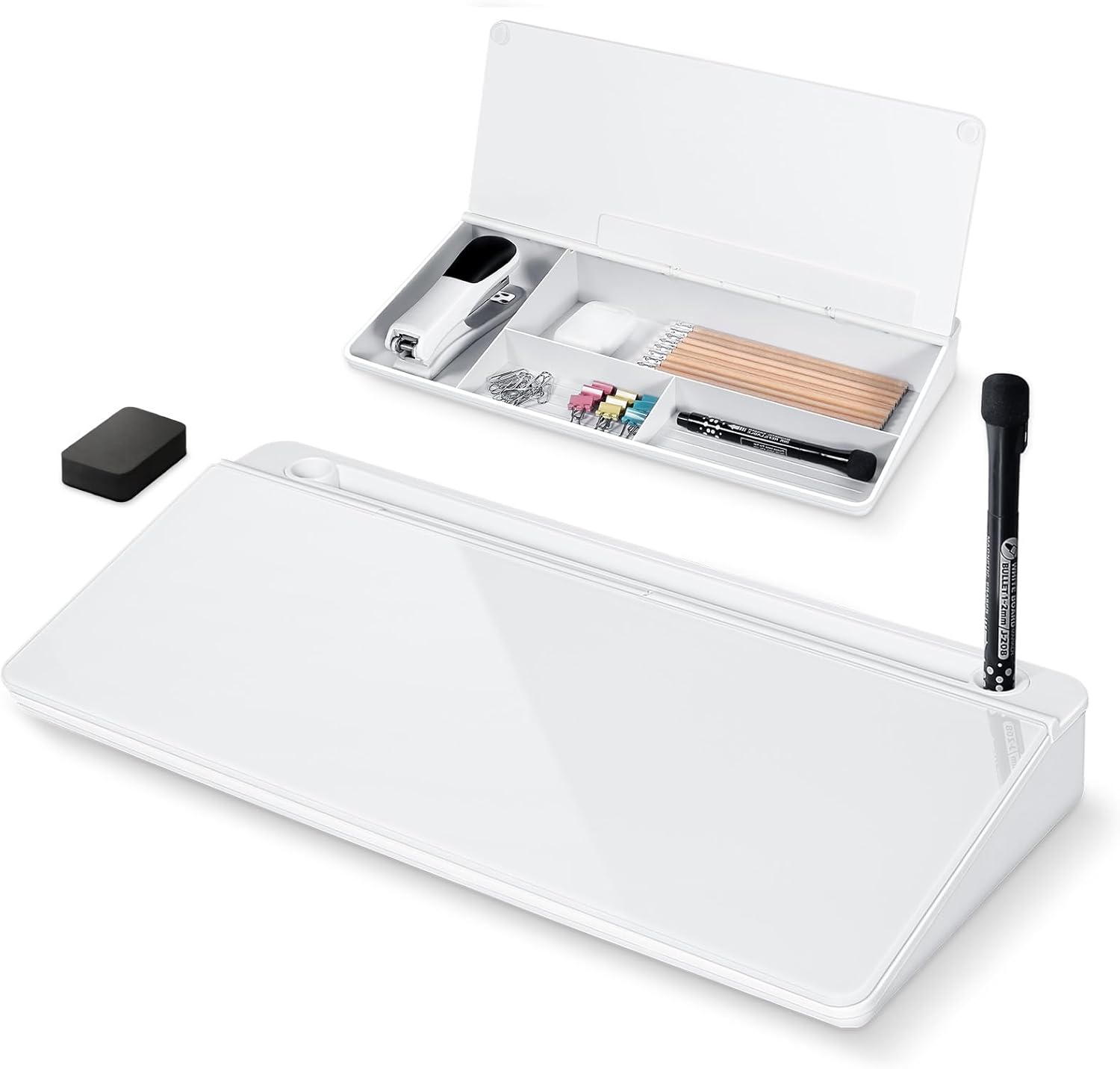 Glass Desktop Whiteboard with Storage 15" x 7" Desk Dry Erase Board with Marker & Eraser Compact Desk Organizer Computer Keyboard Stand Desk Board Buddy for Office, Home, School