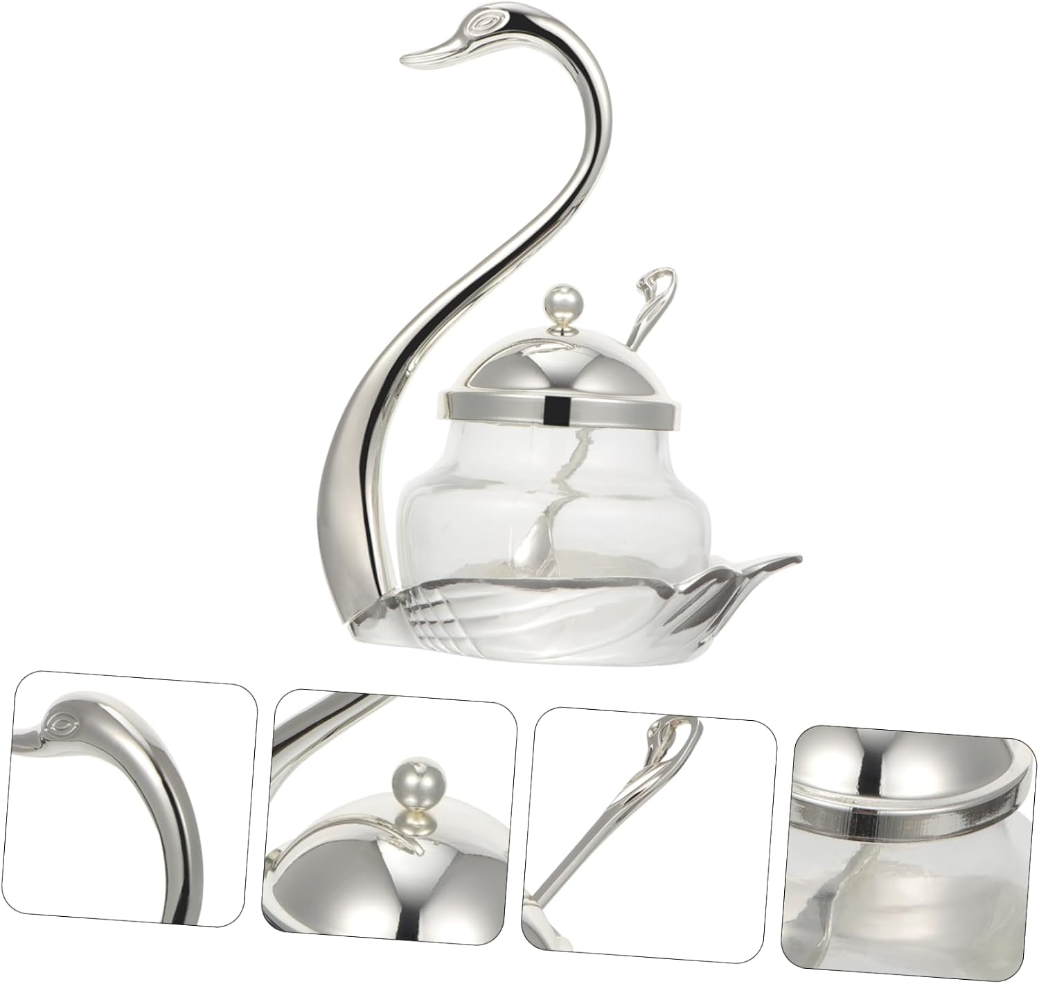 SHOWERORO Swan Shape Glass Condiment Pot with Spoon Holder for Sugar Spices