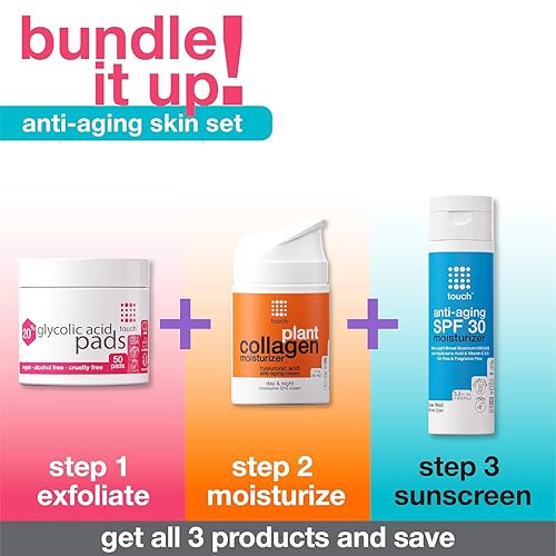 Miniatura 5 de TOUCH Almohadillas de ácido glicólico con 20 % exfoliantes y rejuvenecedores, toallitas faciales AHA, ideales para opacidad, poros, cicatrices,