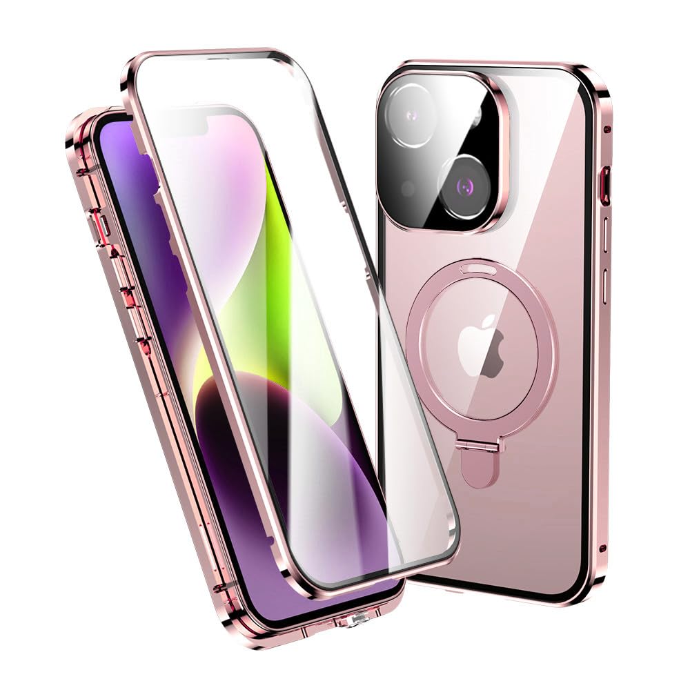 Custodia magnetica per iPhone 15, compatibile con Magsafe Ring Stand Screen Protector Camera Lens Protector 360 Full Body Protective Clear Case (iPhone15, rosa)