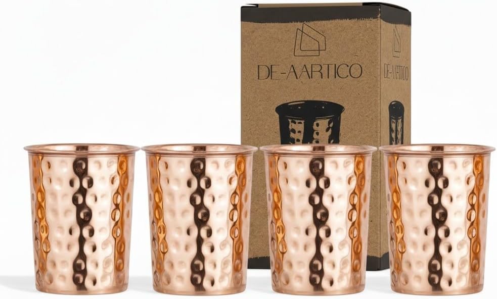 Pure Copper Tumblers for Drinking – Handmade Hammered Finish Water Glasses, 312ml (11 fl oz), Health Benefits for Hydration, Set of 4, Eco-Friendly Copper Cups for Water & Juices