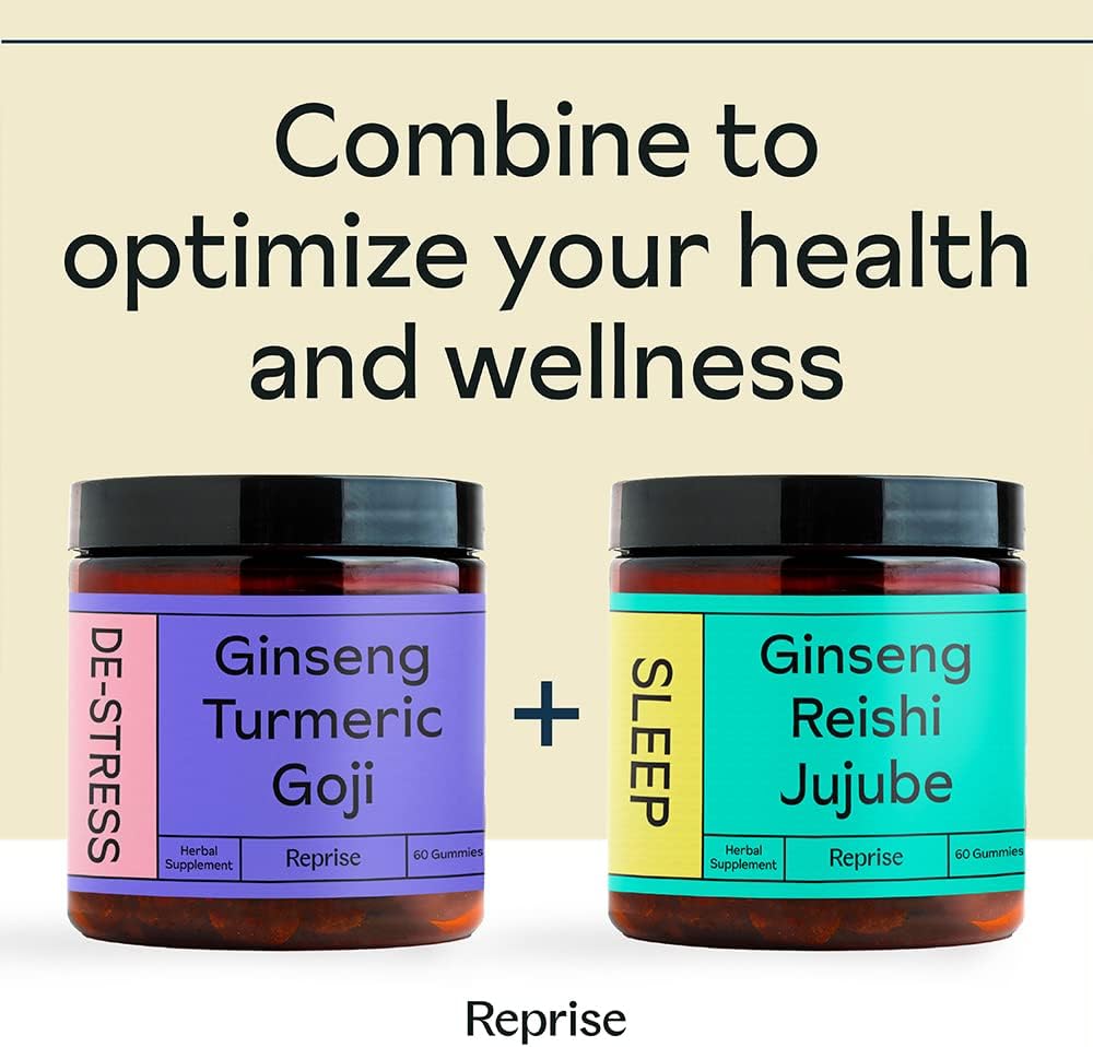 Reprise De-Stress Ginseng, Turmeric Goji Gummies with American Ginseng, Assist in Stress Relief & Mood Boost Supplement, 60 Vegan Gummies