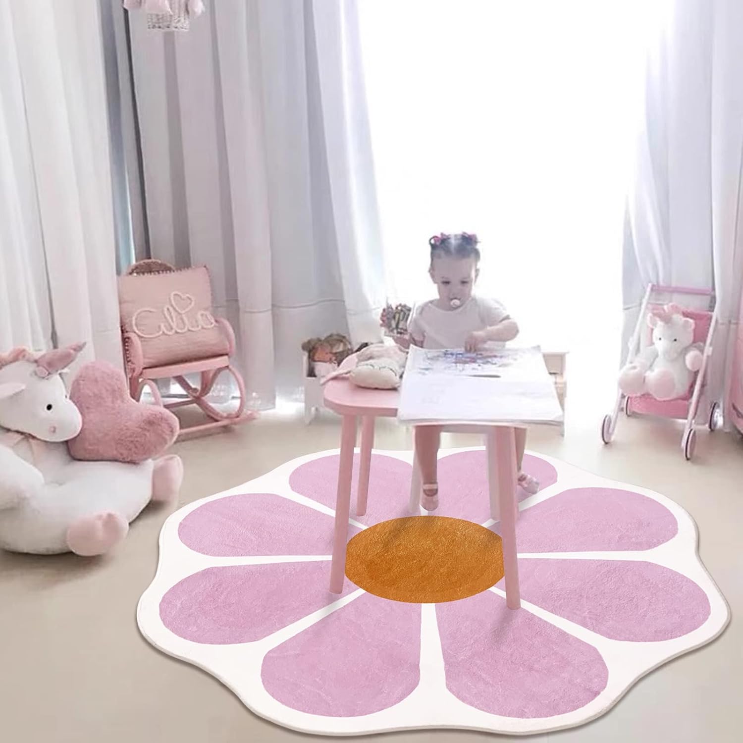 USTIDE Pink Flower Shaped Rug 47x47 Inch, Cute Round Area Rug for Bedroom Living Room Fluffy Circular Carpet Washable Floor Mat for Kids Room Nursery Room Playroom