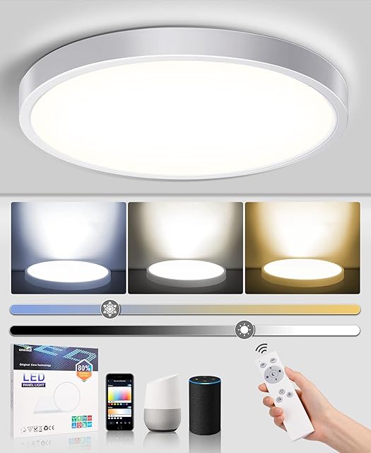 Smart Ceiling Light Fixture Flush Mount LED Works with Alexa Google Home for Bedroom Living Room Hallway Bathroom Kitchen Dimmable Remote Control Night Light Low Profile 12 inch 24W Round White
