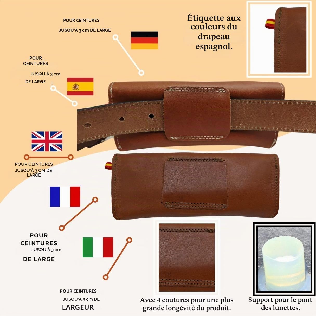 Étui à lunettes à fixer à la ceinture, avec fermeture à bouton, fabriqué à la main en Espagne, avec sac en tissu, 2 chiffons de nettoyage et bouteille pour le nettoyage des lunettes.