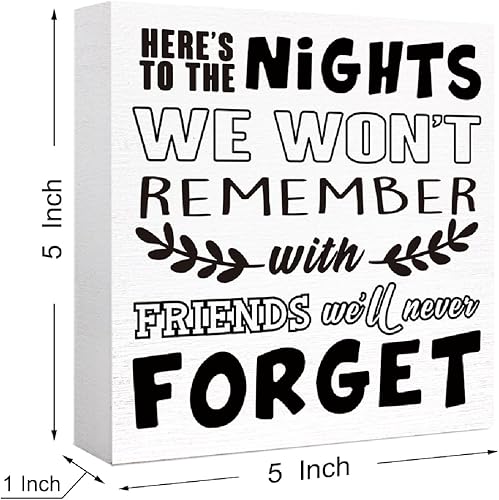 Miniatura 2 de Decoración de campamento divertido letrero rústico con texto en inglés Here's to the Nights We Won't Rememember, letrero de bloque de madera,