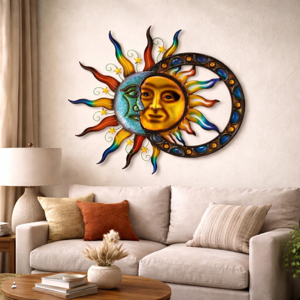 Glitzhome Sun and Moon Wall Decor, 33.5 Inch Celestial Metal Wall Art with Glossy Color Finish and Antique Details, Outdoor Sun and Moon Decor for Garden Porch Patio Home
