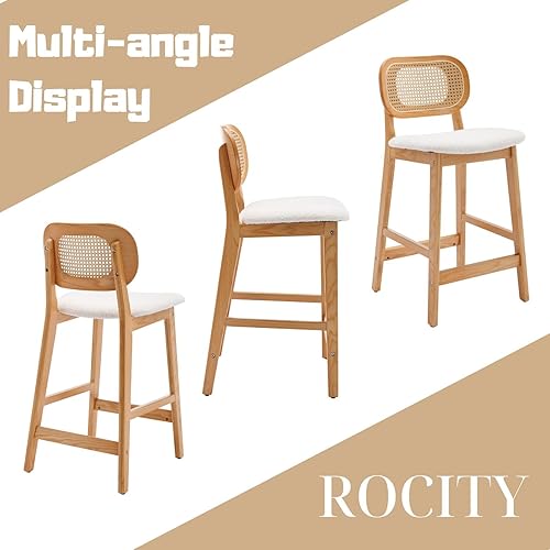 Miniatura 5 de ROCITY Juego de 2 taburetes de bar de ratán, taburetes de bar tapizados de sherpa beige de 26 pulgadas, sillas de isla de cocina de madera natural