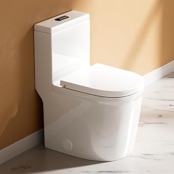 WinZo Small One Piece Toilet 23" Depth Modern Compact Short Design with Matte Black Button for Small Tiny Mini Bathroom 12" Rough-in,White WZ5079WB