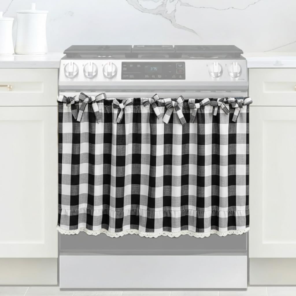 Beige and White Check Oven Skirt for Farmhouse Kitchen Decor, Cotton Blend Stove Cover Skirt with Lace Trim & 9 Ribbon Ties, Rustic Decorative Oven Door Curtain for Cottage Kitchen Decor