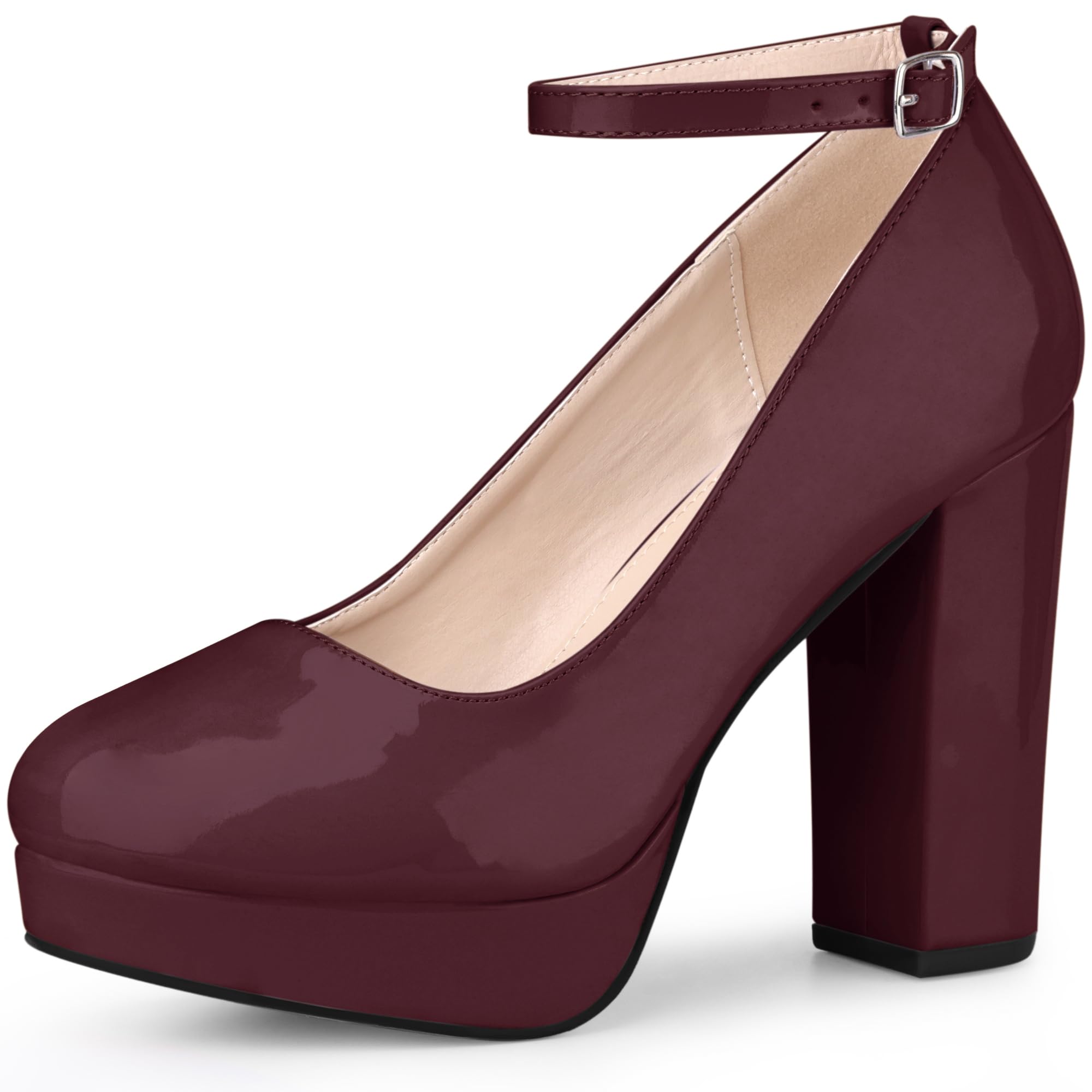 Perphy Ankle Strap Platform Chunky Heels Mary Jane Pumps for Women 8 Burgundy