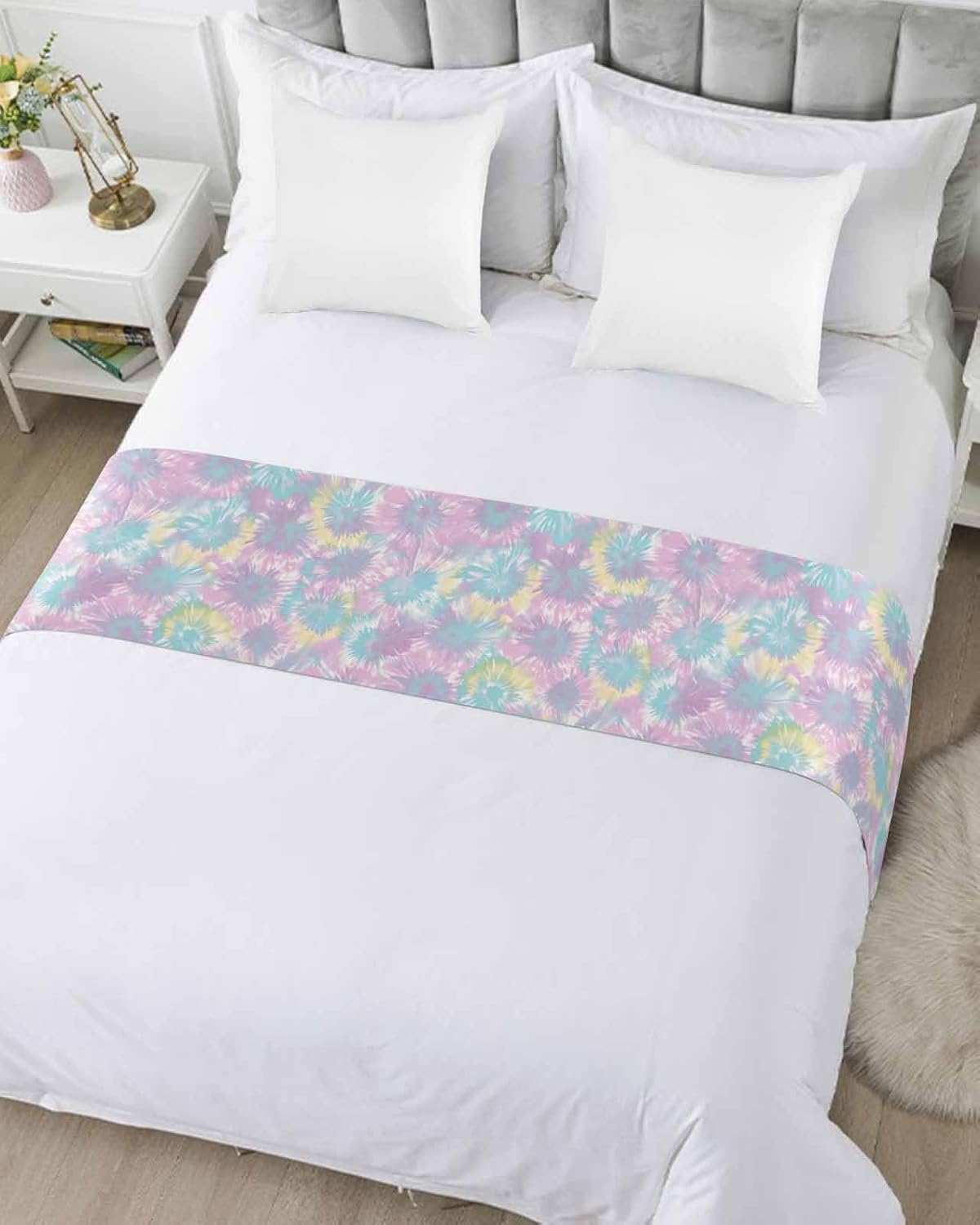Teal Purple Bed Runner Scarf Bedding Accessory For Queen Size Bed,Soft Bed Scarves And Runners Stainproof Bedroom Decor For Hotel Wedding Room,Rainbow Stained Tie Dyeing Rainbow Modern Boho 94"x20"