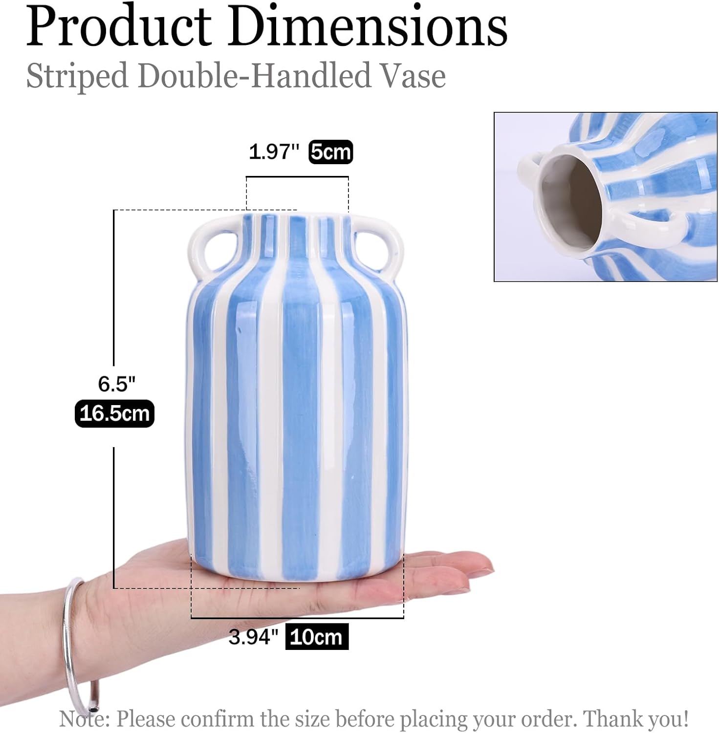 Blue and White Ceramic Vase with Handles, Mid Century Modern Striped Vase for Flower & Pampas Grass Centerpiece, Minimalist Checkered Design for Dining Table, Kitchen Tabletop, Side Table Décor