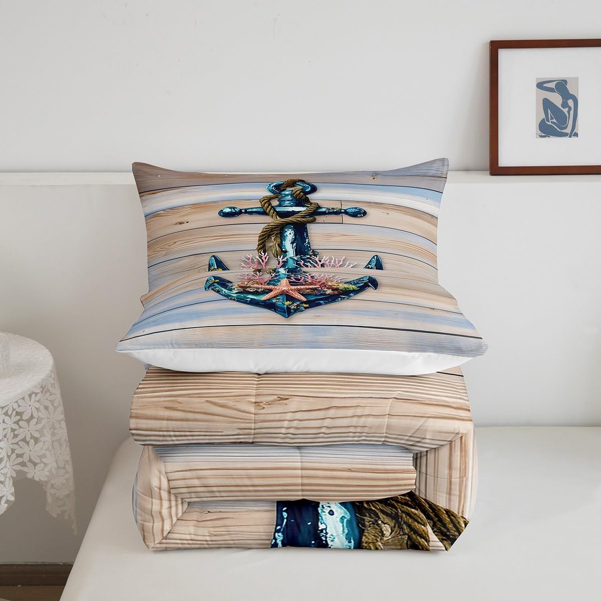 Erosebridal Vintage Wooden Barn Plank Comforter Set for Men Women,Romantic Anchor Rope Bedding Set,Tropical Coral Starfish Bedding Comforter Sets,Nautical Ocean Duvet Insert with 2 Pillowcases,Queen