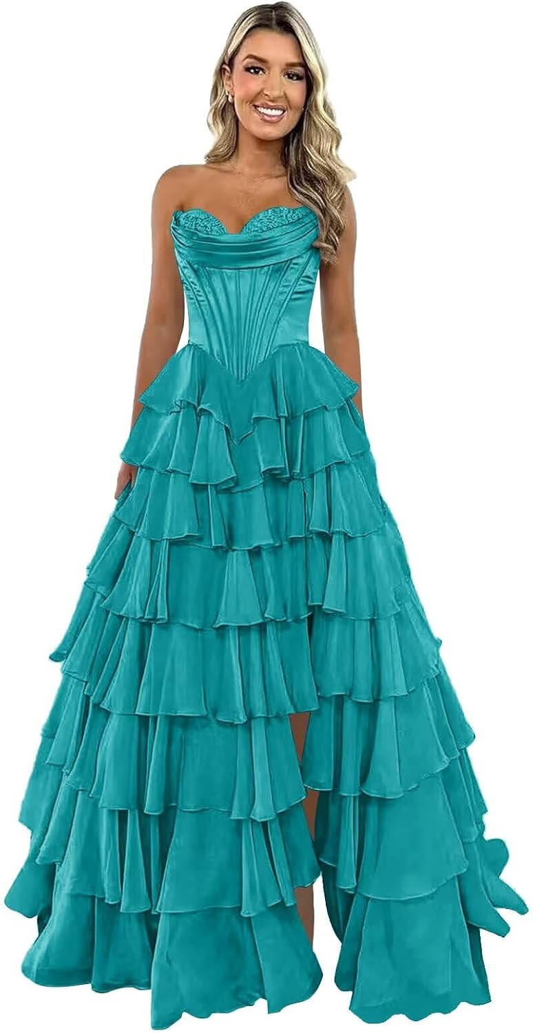 Corset Ruffle Prom Dresses for Women 2026 Long Tiered Chiffon Strapless Formal Evening Gowns with Slit