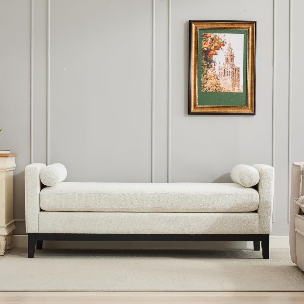 66.34" W Elegant Upholstered Bench,Daybed, Ottoman with Wood Legs & 2 Bolster Pillows for End of Bed, Bedroom, Living Room, Entryway,Ivory Boucle