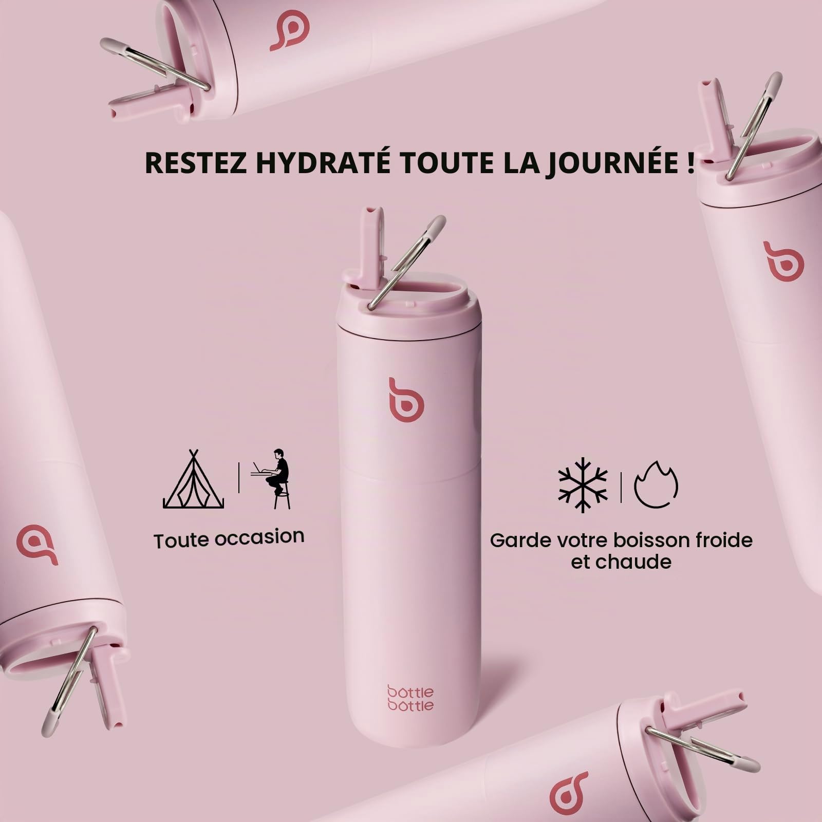 BOTTLE BOTTLE Gourde isotherme avec couvercle à paille et poignée, en acier inoxydable à double paroi sous vide, anti-fuite, sans BPA, pour sport, voyage, salle de sport - Rose clair, 710 ml