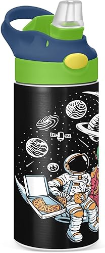 Miniatura 9 de Outer Space Rocket - Botella de agua para niños con pajilla y asa de transporte, botella de acero inoxidable aislada al vacío con aislamiento al