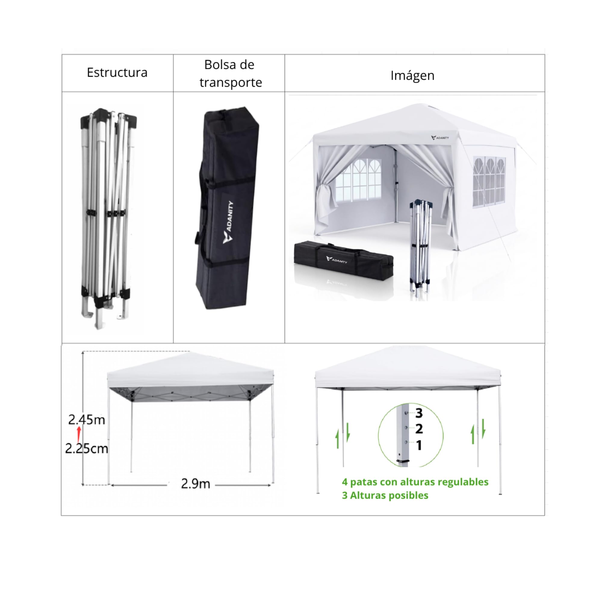 Carpa Plegable 3x3 m Blanca para Bodas y Catering | Cenador Jardín 4 Paredes (Ventanas y Puerta) | Lona Oxford 210D Impermeable UV | Estructura Acero | Incluye Bolsa y Kit Anclaje