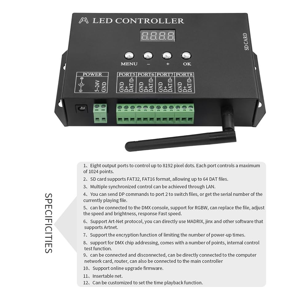 WiFi-LED-Pixel-Controller Artnet zu SPI Unterstützt -Software LAN-Synchronität SD-Karte DMX512-Konsole (H807SA) Ersatzteile Zubehör EU-Stecker