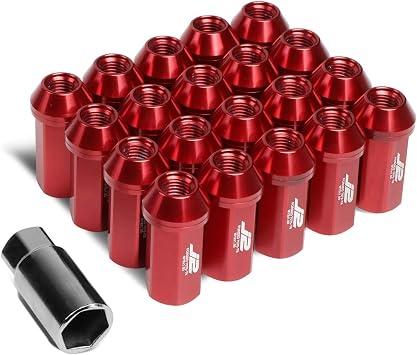 J2 Engineering 20 Pcs 7075 Aluminum Closed End M12 x 1.5 Lug Nuts Set w/Socket Adapter, Red, Fit Conical Seat, LN-T7-005-15-RD