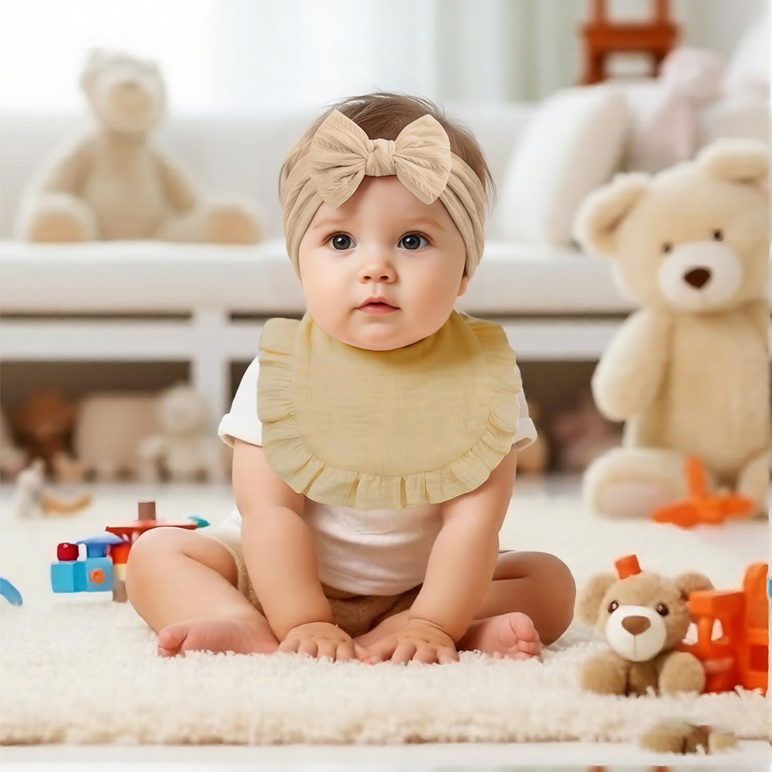 Baby Headband and Dribble Bib Set, Soft Cotton Hairband And Drool Bib for Newborns and Toddlers, Khaki series, 1 count (Pack of 2) - Image 4