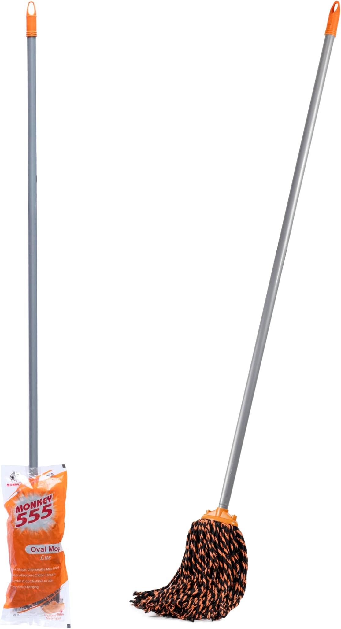 Monkey 555 Oval Mop - Pack of 2 | Super Absorbent Cotton Threads | Replaceable, Machine Washable Head | Strong Wooden Grip | CPVC Clip & Holder | Roof & Ceiling Cleaner | Floor Cleaning Mop