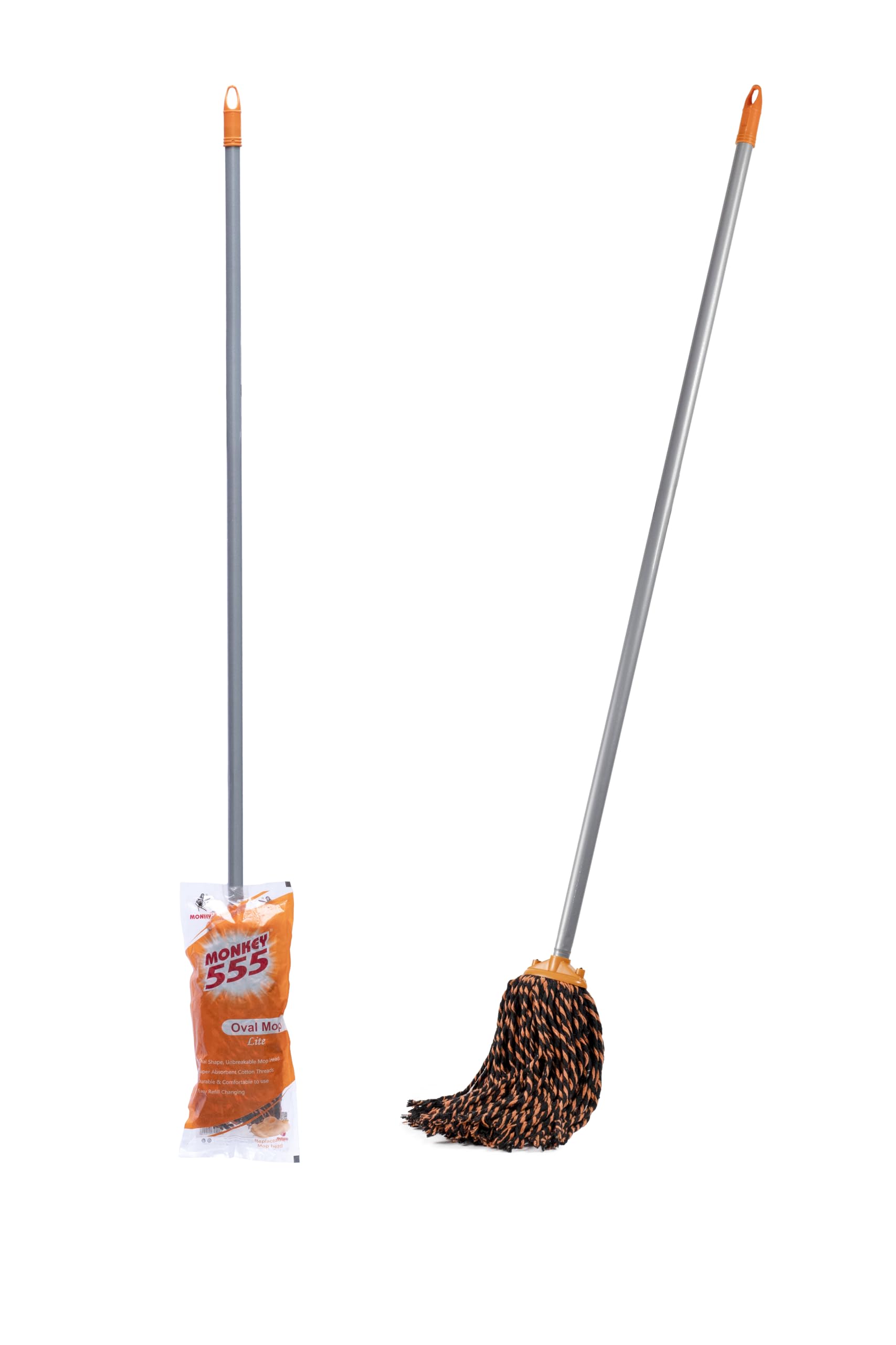 Monkey 555 Oval Mop - Pack of 2 | Super Absorbent Cotton Threads | Replaceable, Machine Washable Head | Strong Wooden Grip | CPVC Clip & Holder | Roof & Ceiling Cleaner | Floor Cleaning Mop