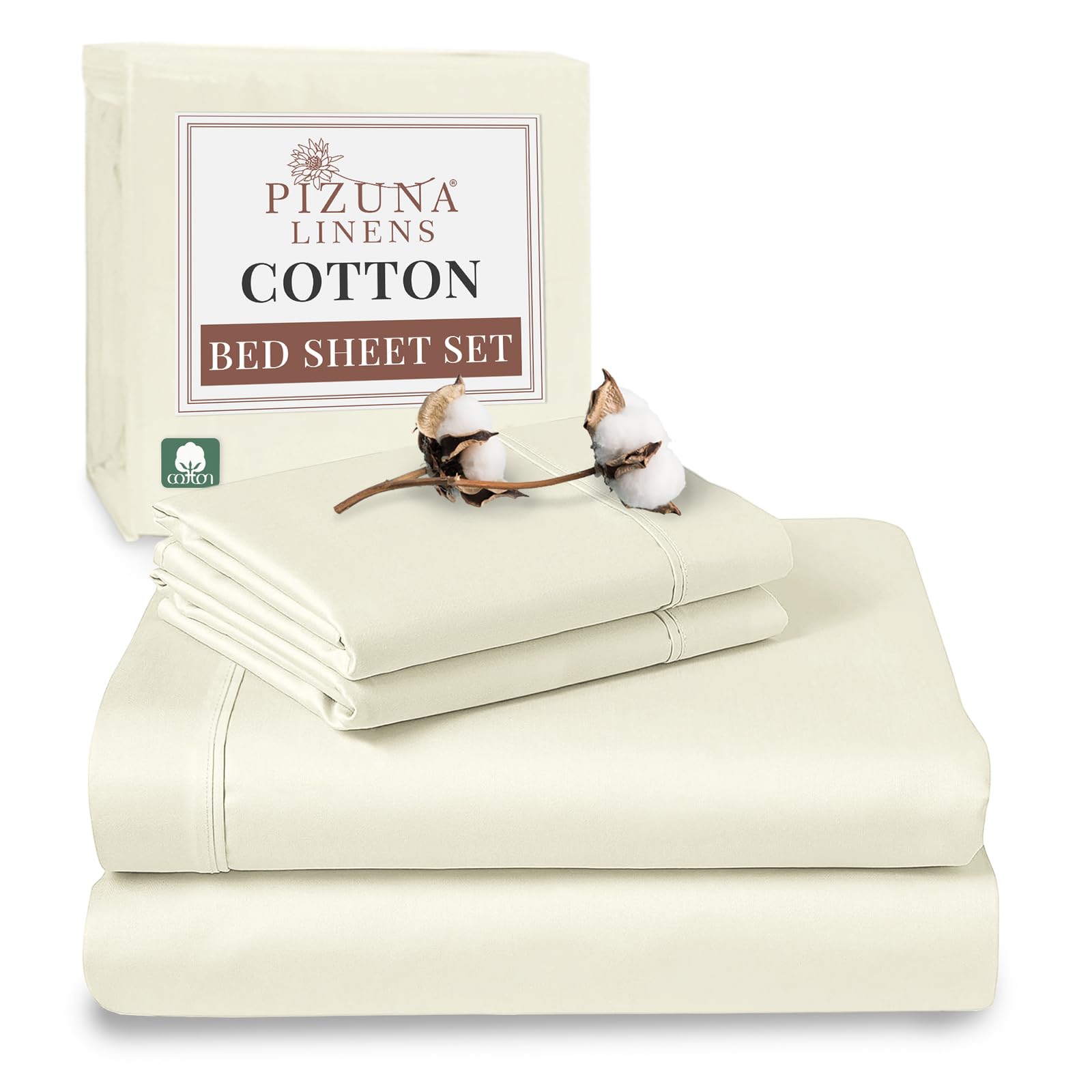 Pizuna Off White 100% Cotton Double Bed Sheet Set 400 Thead Count Long Staple Cotton Bedding Set 230X280 Cm, Soft Sateen 4 Pc Double Bed Sheet Set - Fitted Sheet, Flat Sheet & 2 Pillowcases