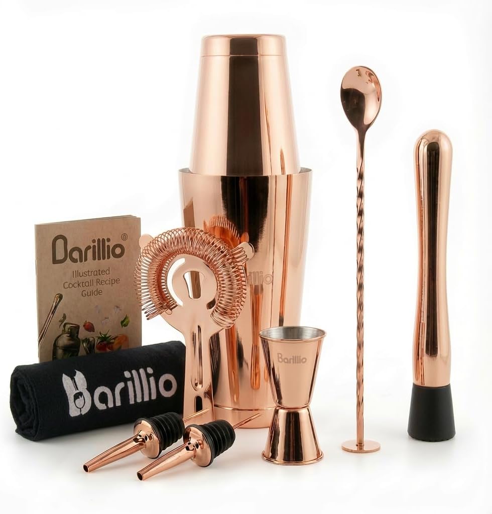 Barillio Rose Gold Boston Shaker Set - Stainless-Steel, Weighted Martini Cocktail Shaker Set w/Strainer & Mixer - Mixology Bartender Kit - Bar Set for The Home - 9-pc Drink Shaker Set - Bar Tools