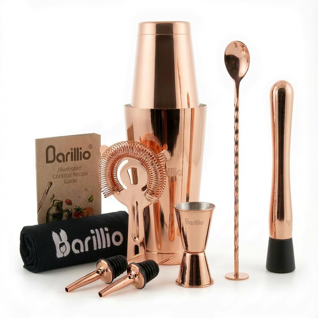 Barillio Juego de coctelera Boston de oro rosa, acero inoxidable, juego de coctelera con peso Martini con colador y mezclador, kit de barman de mixología, juego de bar para el hogar, juego de