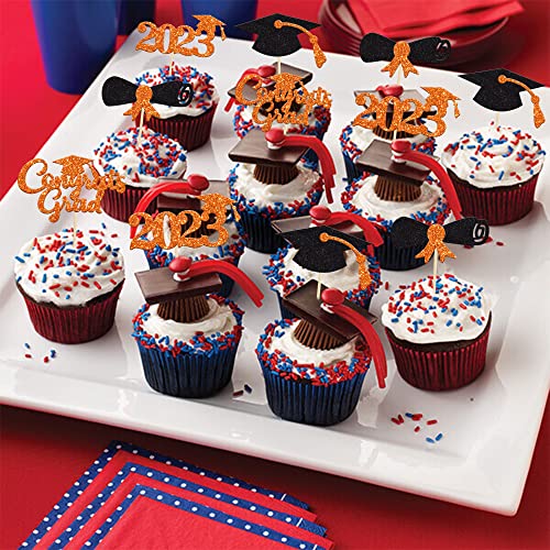 Gyufise 24Pcs Orange Glitter Congrats Grad 2023 Graduation Cupcake Toppers 2023 Diploma Cap Cupcake Picks Class Of 2023 Cake Decorations For 2023 Graduation Theme Party Cake Supplies #TOP3