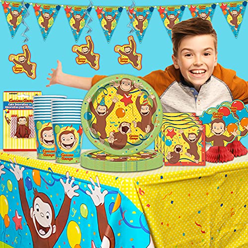 Curious George Party Supplies | Curious George Birthday Decorations | Curious George Cups And Plates, Napkins, Curious George Table Cover, Hanging Banner, Decorations, Candles, And More | Serves 16 #TOP5