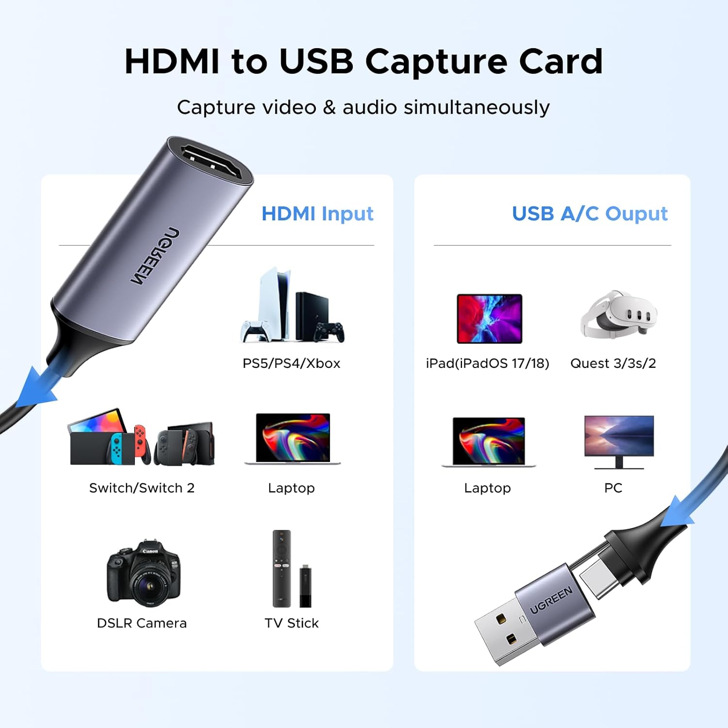 UGREEN Full HD 1080P Capture Card 4K HDMI to USB 2.0 HDMI Video Capture Card USB-A/USB-C Audio Recording for Gaming, Streaming, Teaching Compatible with Switch 2/Xbox/PS4/PS5/Camera - Image 5
