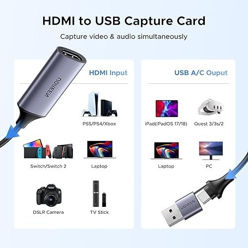 Miniatura 5 de UGREEN Tarjeta de captura Full HD 1080P 4K HDMI a USB 2.0 Tarjeta de captura de video HDMI USB-A/USB-C Grabación de audio para juegos, transmisión,