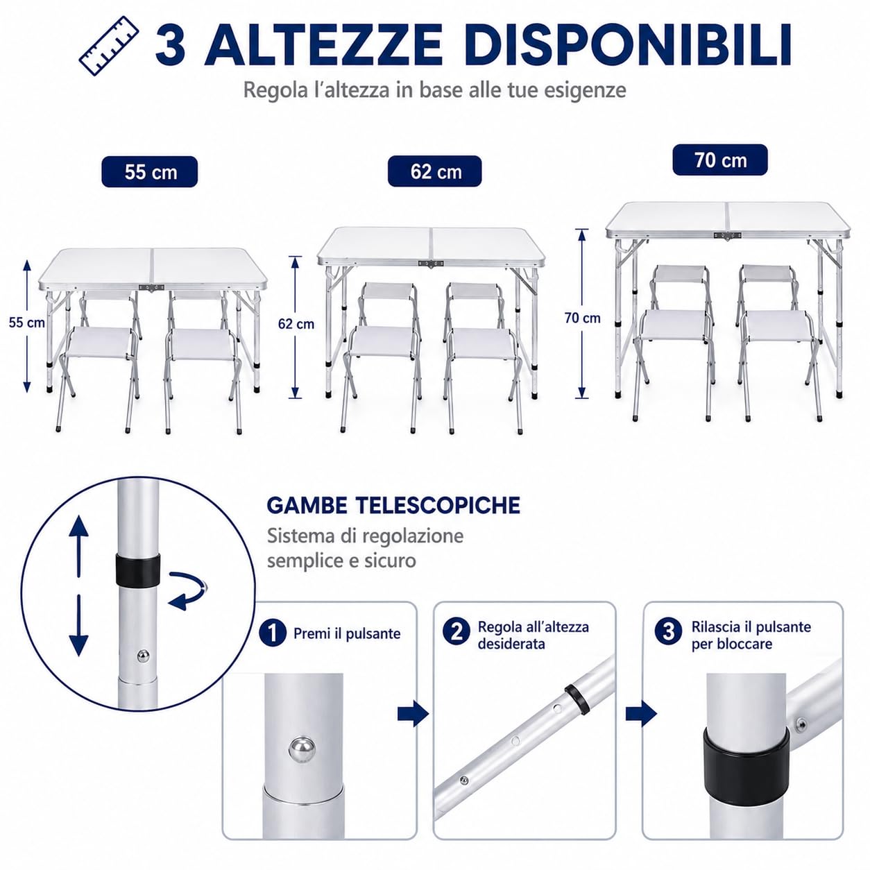 Generico Tavolo Pieghevole da Campeggio con 4 Sgabelli Inclusi, Tavolo Picnic Portatile Richiudibile con Altezza Regolabile 55/62/70 cm, Tavolo da Giardino Campeggio Pesca BBQ Escursioni 120x60 cm