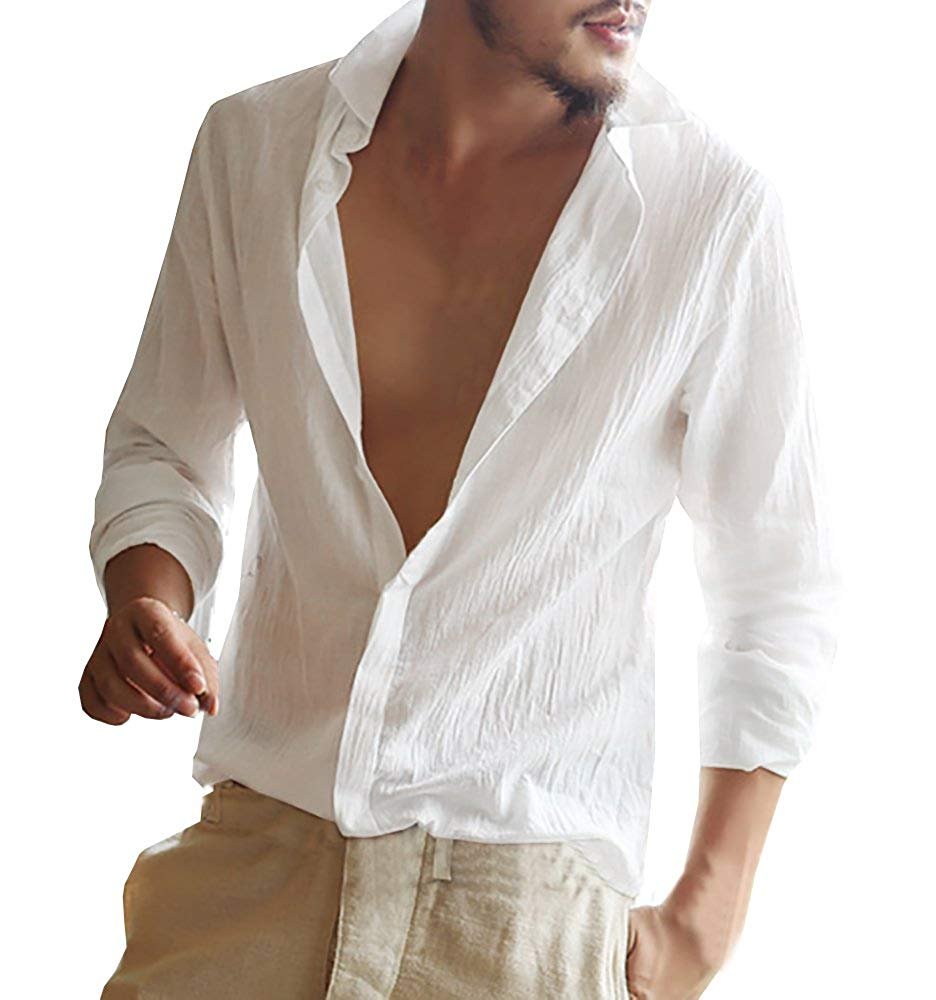 CAMICIA UOMO DI Lino Casual Slim Fit Manica Lunga Collo Serafino 3