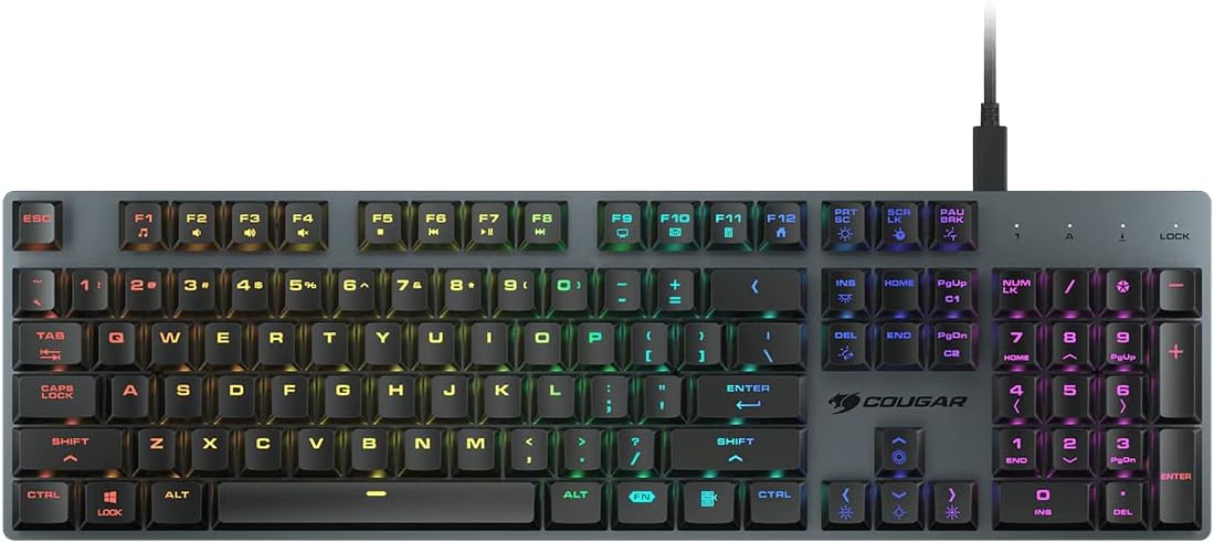 COUGAR LUXLIM LOW PROFILE RGB OPTICAL-MECHANICAL GAMING KEYBOARD, 15% FASTER ACTUATION, 20MM ULTRA-THIN DESIGN, ERGONOMIC KEYCAPS, DETACHABLE USB TYPE-C CABLE, RED SWITCH - BLACK