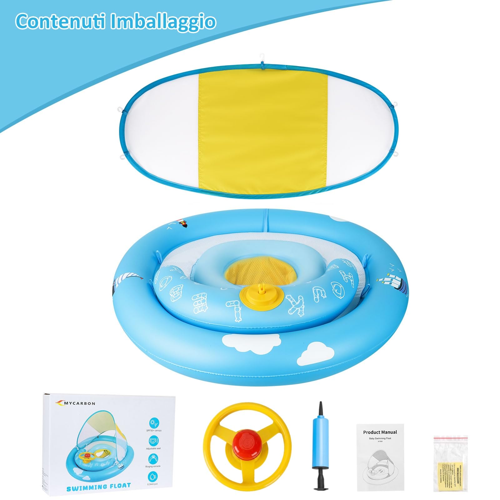 MYCARBON Salvagente Neonato 6 Mesi – 30 Mesi con Parasole Mutandina Regolabile Salvagente Bambini con Pompetta Galleggiante Ciambella per Mare Piscina