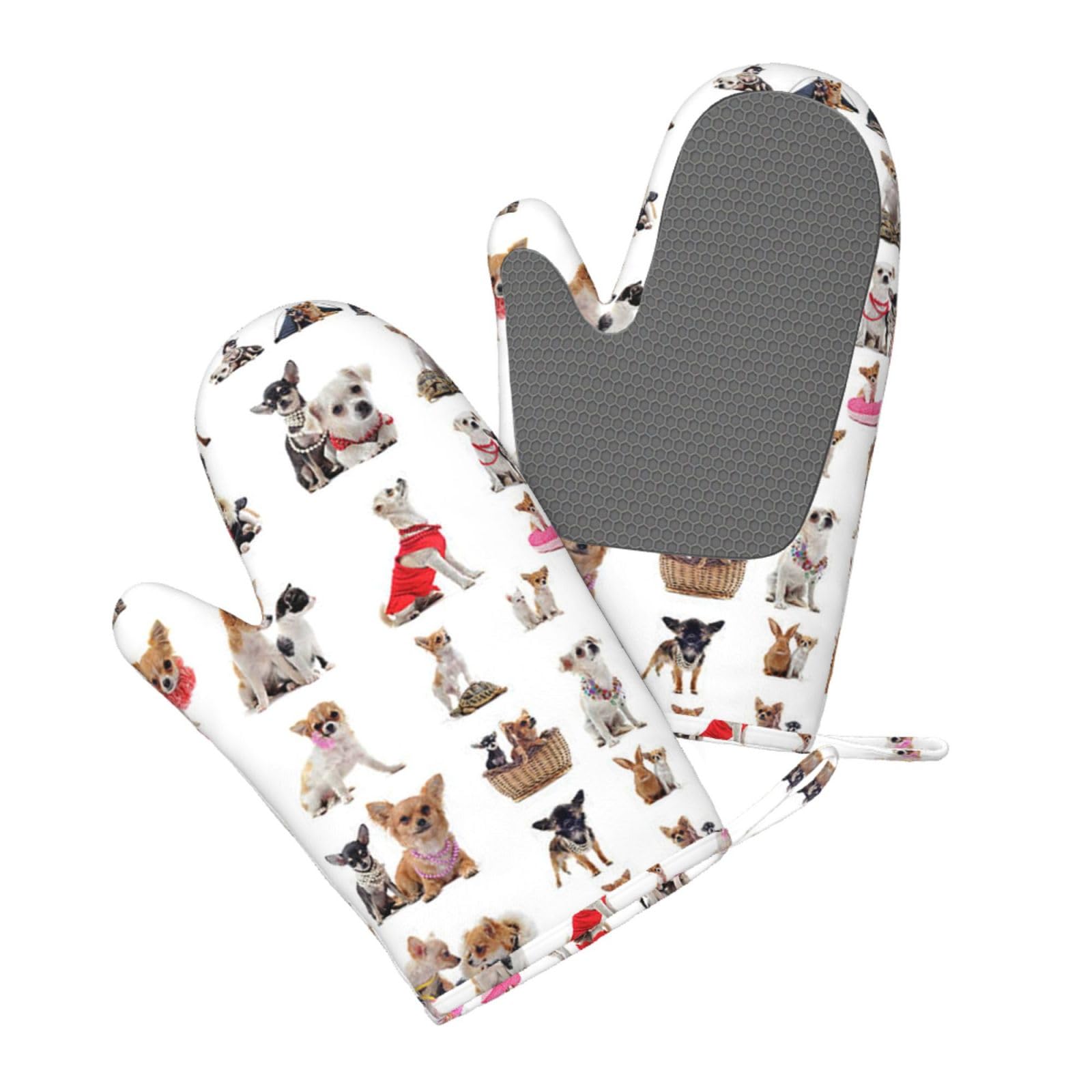 Silicone Oven Mitts Set 2PCS, Cute Chihuahua Pug Pattern Printed Heat Resistant Non-Slip Silicone Oven Gloves for Kitchen Cooking Baking Microwave