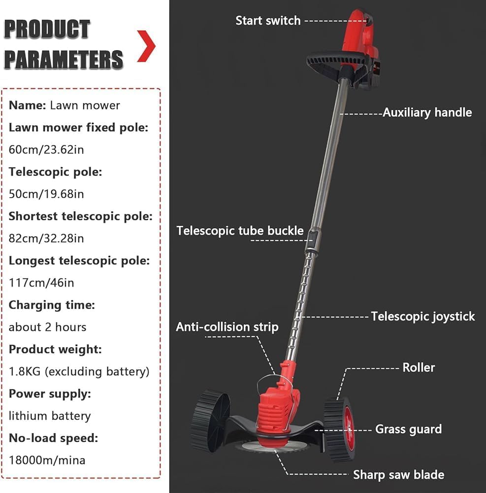3-in-1 Cordless Grass Trimmer – Wheeled Lawn Edger & Mini Mower, 2 Batteries & Charger Included, Lightweight Weeding Tool for Yards, Gardens & Lawns