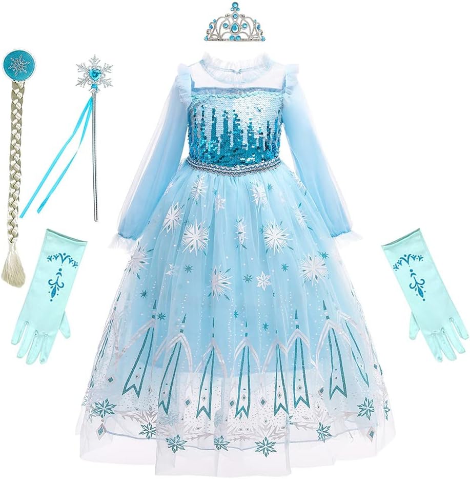 REXREII Girls Frozen Elsa Princess Dress Halloween Costume Christmas Birthday Evening Party Ball Gown w/Accessories