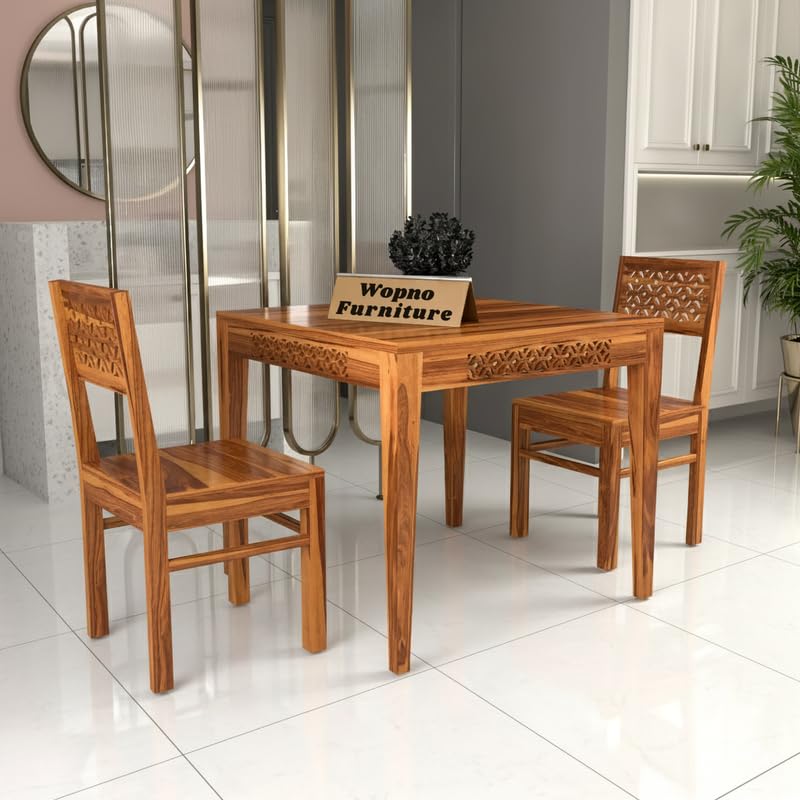 Image of CNC Solid Sheesham Wood 2 Seater Dining Table Set Without Cushioned Chairs for Dining Room | Living Room | Home & Office | Hotels Restaurant & Cafe (2 Seater, Honey)