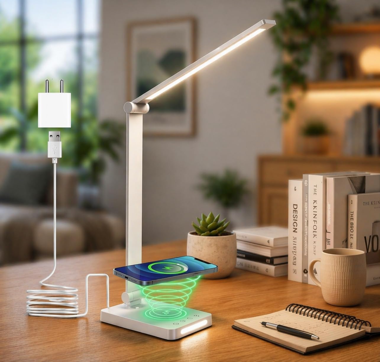 XERGY Aluminum LED Desk Lamp With Qi Wireless Charging & USB Charging Output, Dimmable, Touch Control, Timer, Night Mode, 5 Color Mode & Adjust Arm-Table Lamp for Study, Office-White(Adaptor Included)