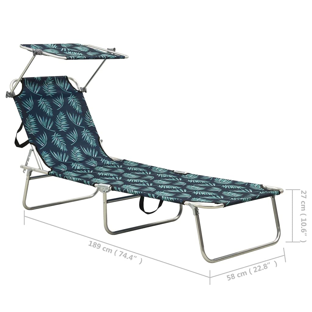 Składany leżak z zadaszeniem stalowy nadruk w liście regulowane oparcie składane łóżko polowe plażowe tarasowe ogrodowe 189x58x27cm 110kg