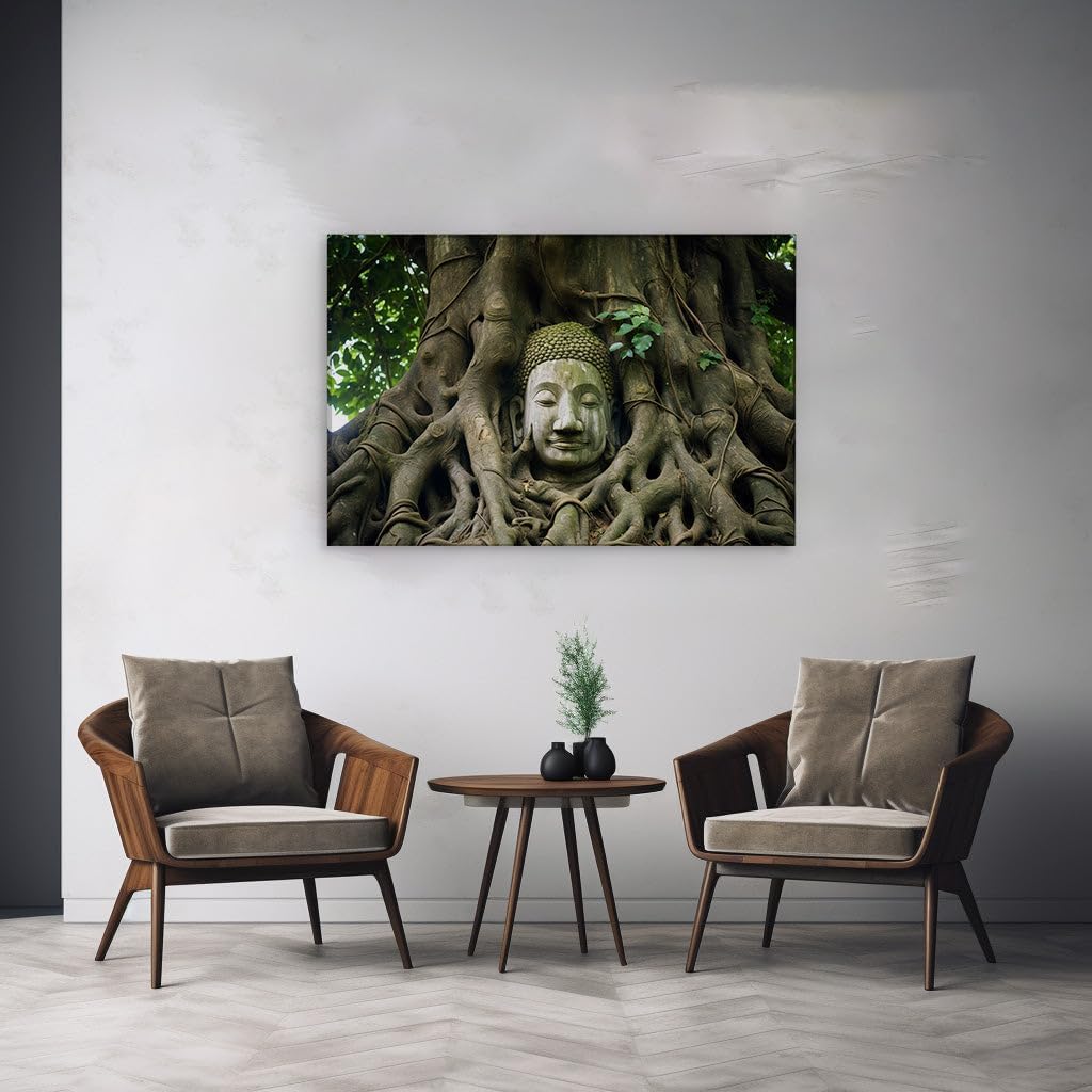 Canvas for Living room. Whispers of Eternity: A Serene Buddha Amongst Nature's Embrace, 27 x 18 inch Canvas Wall Art - Contemporary Masterpieces - Modern Home Decor