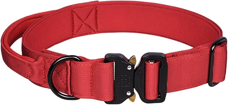 Tactical Dog Collar - Adjustable Military Training Soft Neoprene Padded Nylon Collar with Control Handle and Heavy Duty Metal Buckle for Medium and Large Dogs M, Red