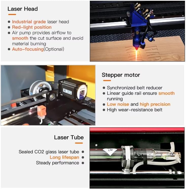 Detailed view of the laser head, stepper motor, and laser tube components of the engraver.